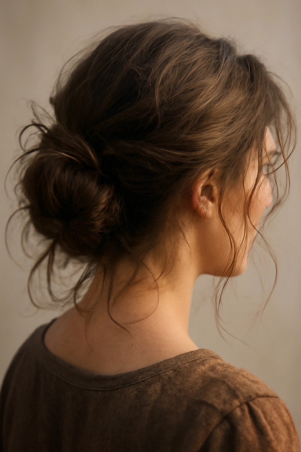 Low bun with loose pieces around the face in a tousled pirate style