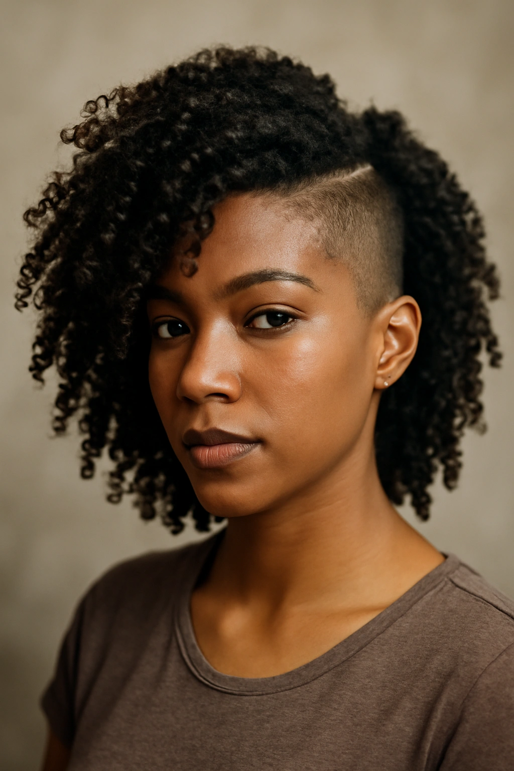 Black woman with twist-out curls on one side and shaved side