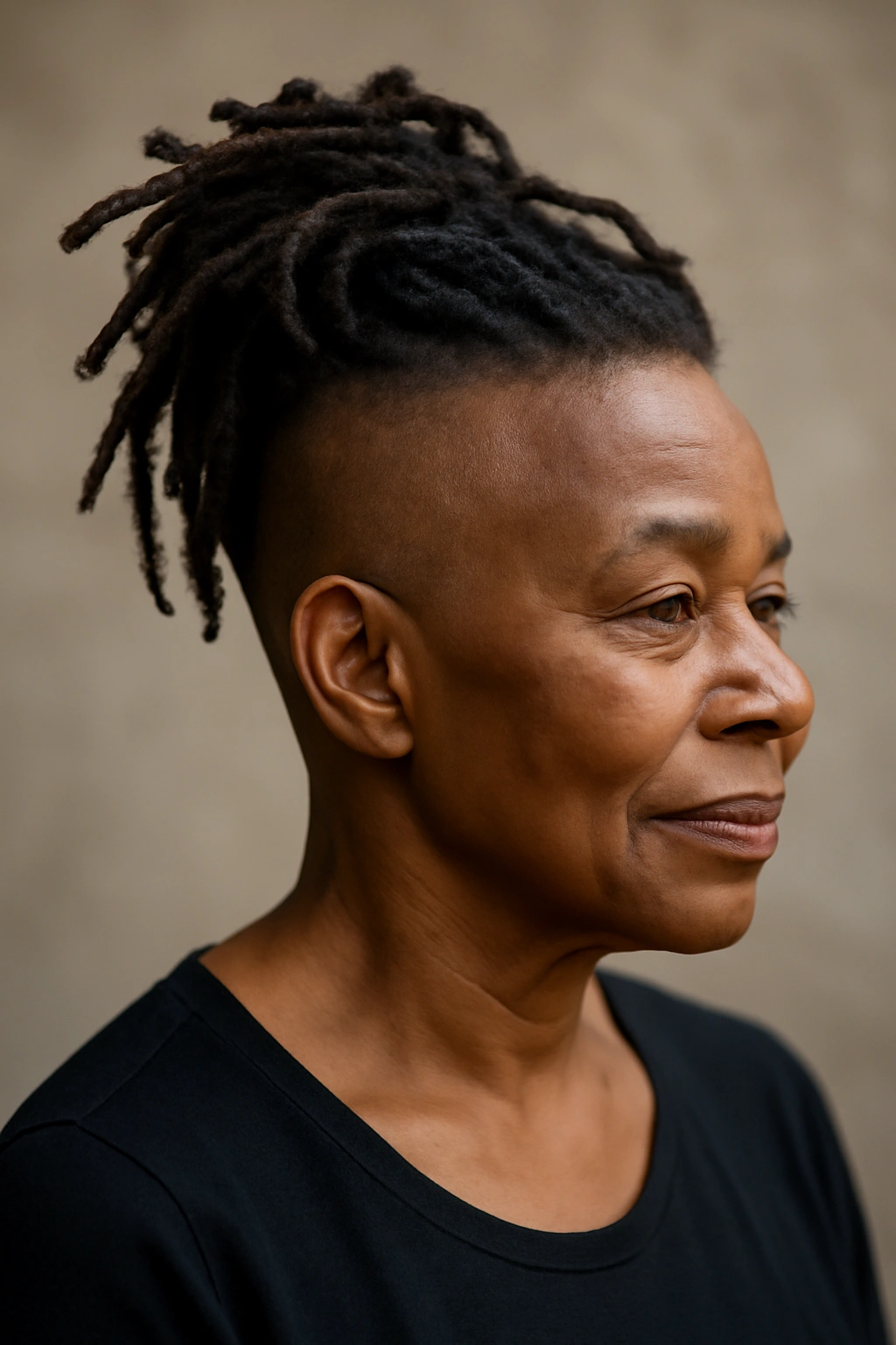 Older Black woman with undercut and locs on top in studio portrait