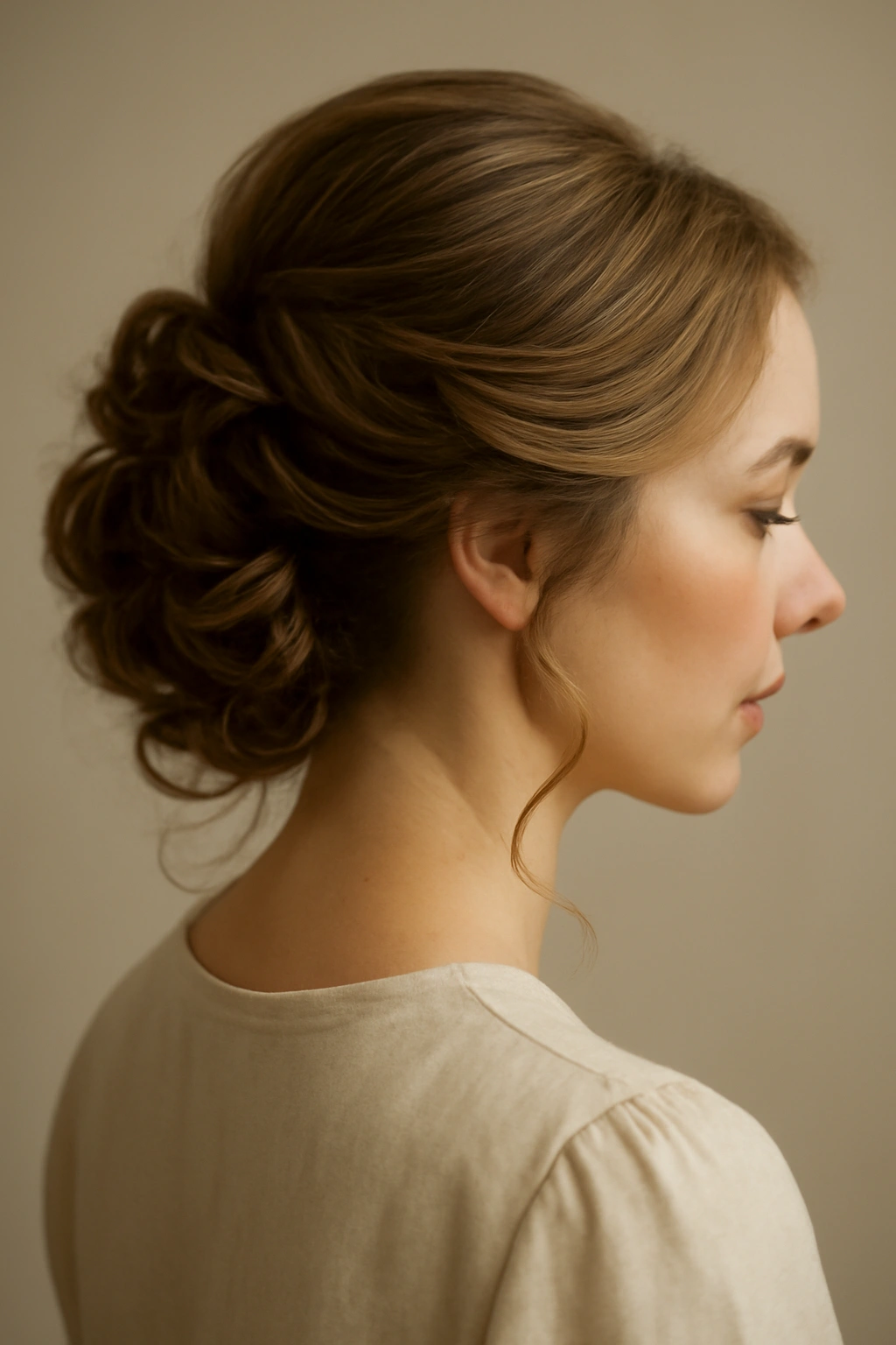 Profile view of woman with upswept curls showing pinned back hairstyle