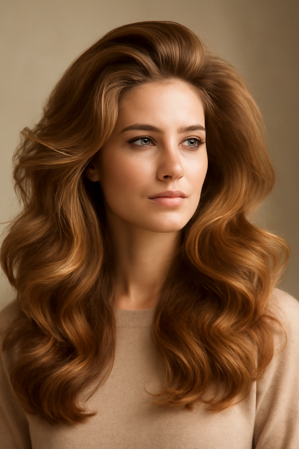 Portrait of a head with voluminous blowout waves and root lift