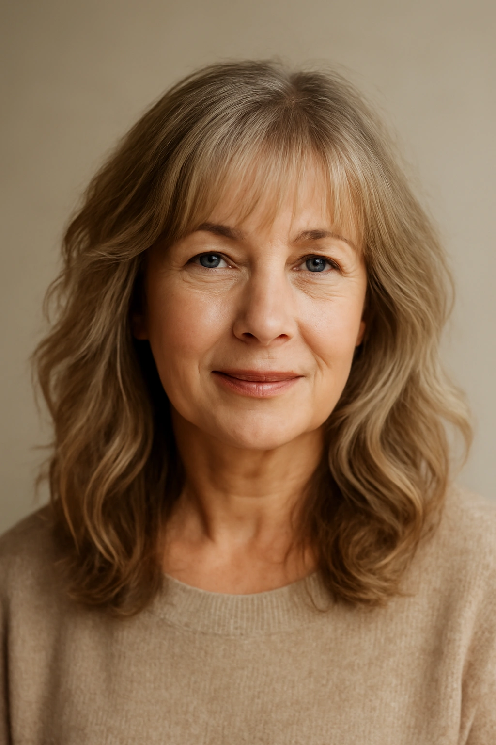 Portrait of an older woman with natural waves and wispy bangs.