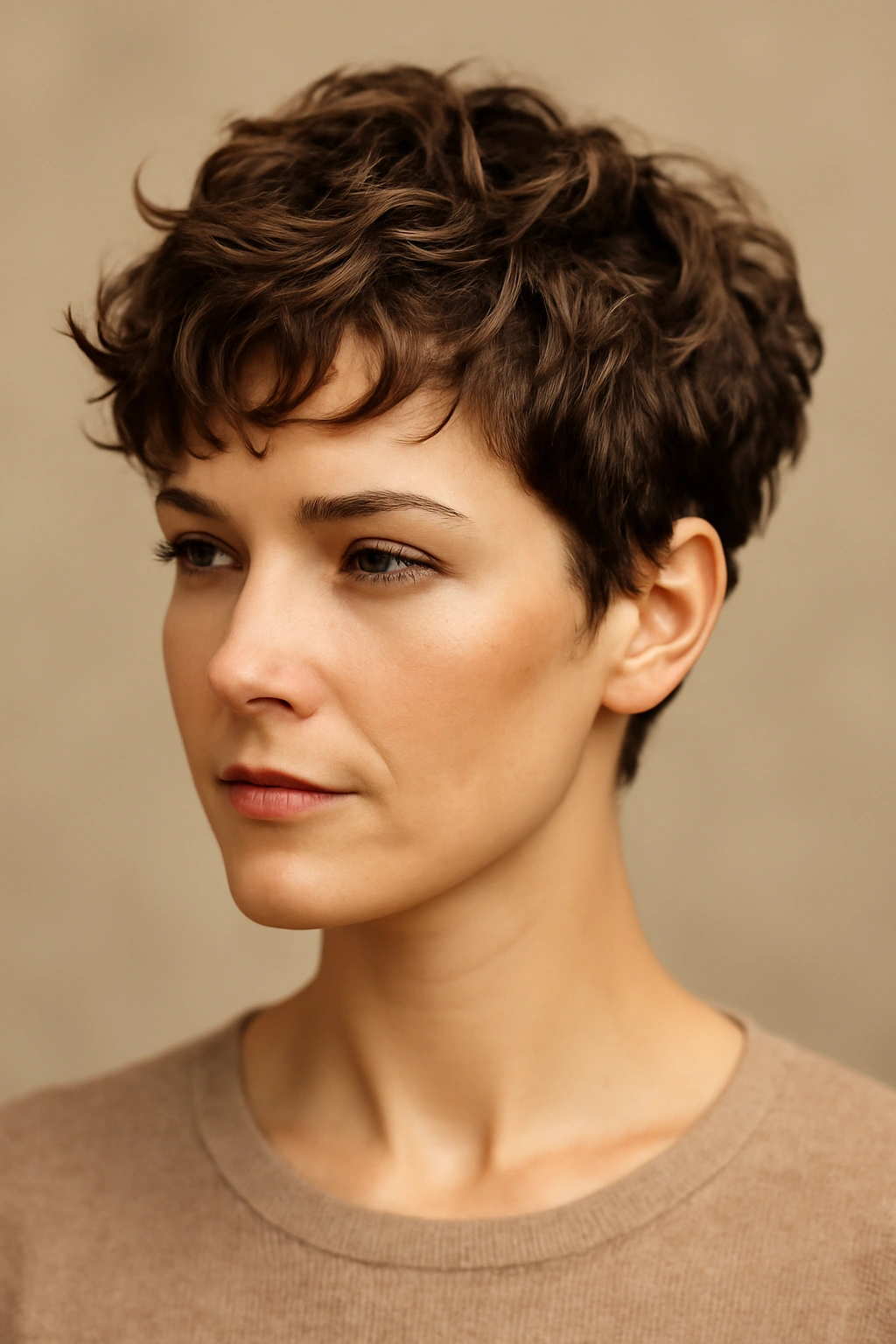 Close-up of a wavy pixie cut with strong texture and volume