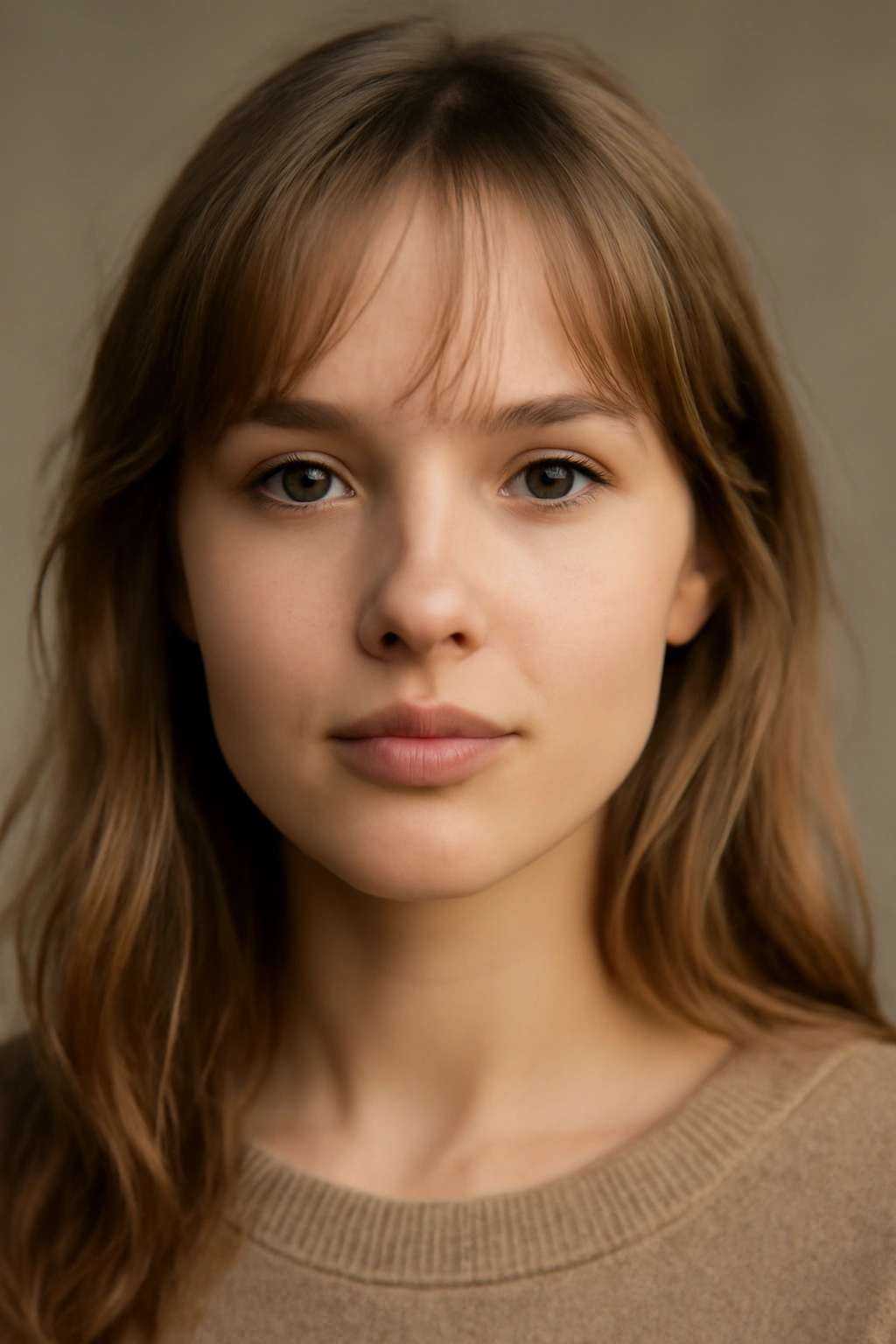 Close-up of wispy feathered bangs framing the forehead on a model