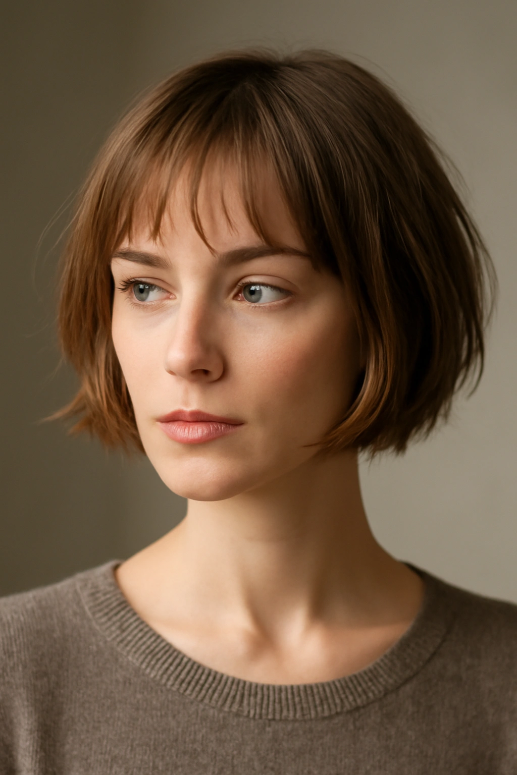 Portrait of a short bob with wispy bangs framing the face