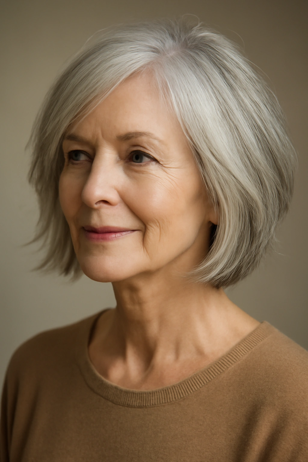 Older woman with a wispy-ended layered bob in a softly lit studio